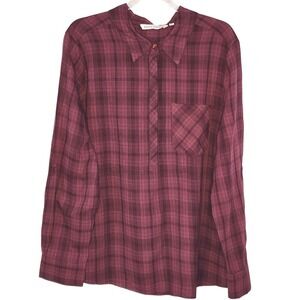 🔥5 for $20🔥EMILY DANIELS Women Burgundy Plaid RollTab Sleeve Collared Shirt PL